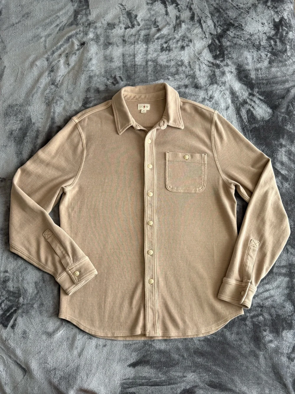 J. Crew Men's Cotton Waffle Shirt In Beige Size M Collar Long Sleeve Casual EUC